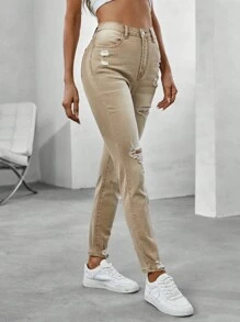 SHEIN EZwear Quần jean rách - Màu Khaki - Xem 4