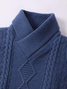 Young Boy Cable Knit Overlap Neck Sweater - Blue - View 3