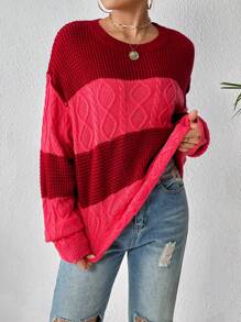 SHEIN Unity 双色落肩针织套头衫秋冬毛衣 - 紅色 - 查看 1