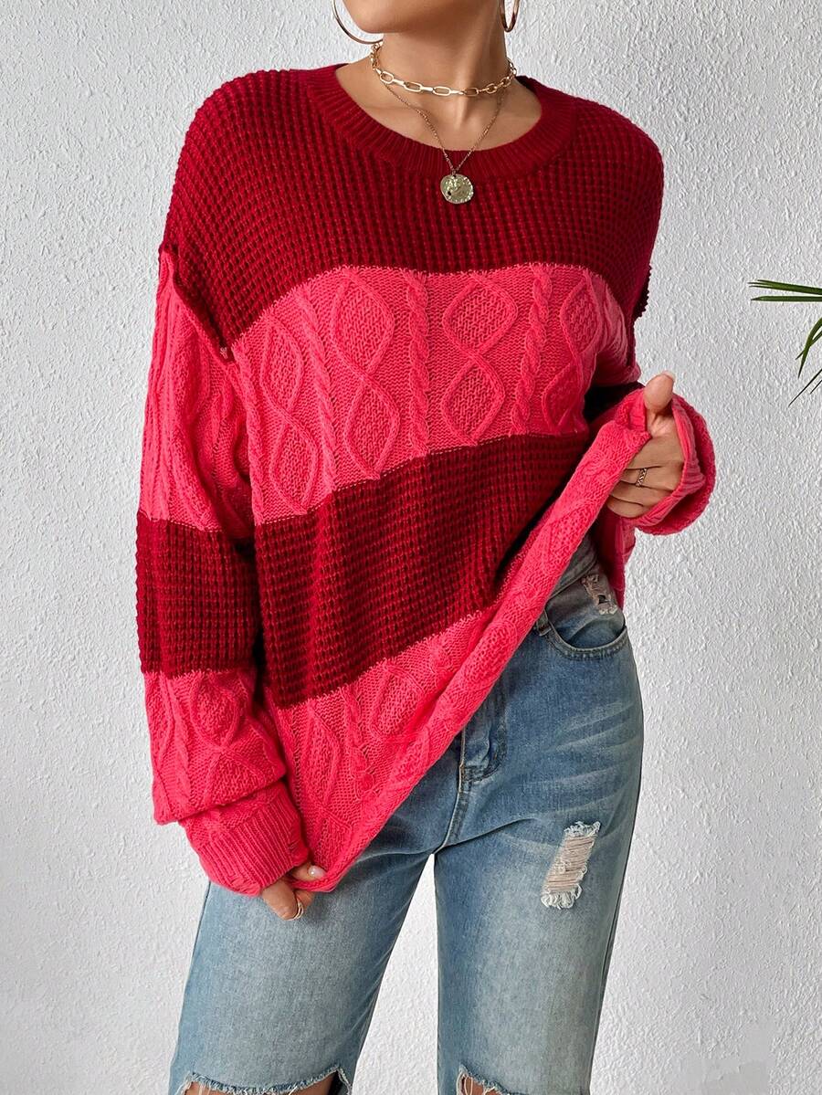 SHEIN Unity 双色落肩针织套头衫秋冬毛衣 - 紅色 - 查看 1