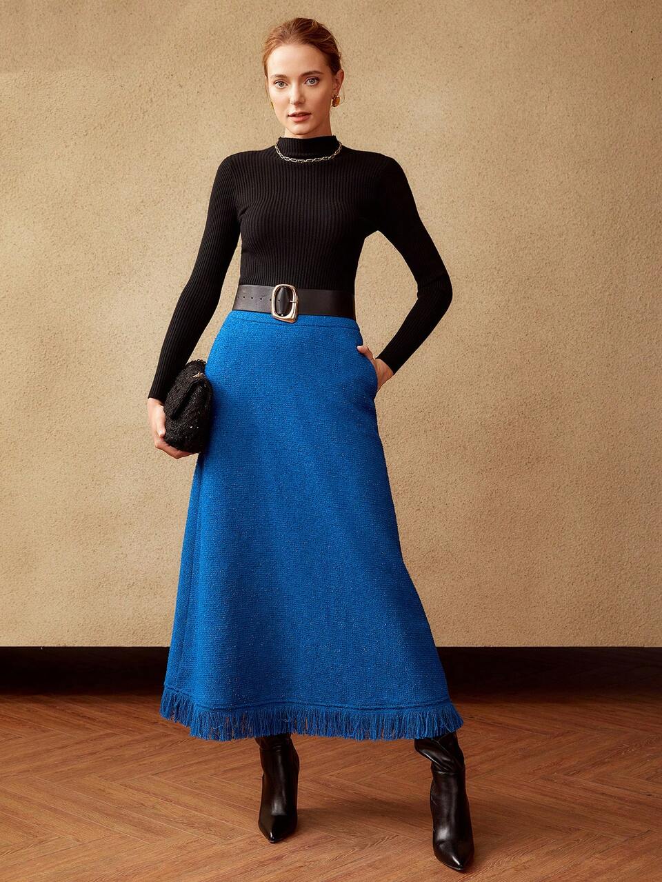 WOOL-BLEND RAW HEM SKIRT