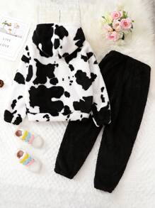 SHEIN 女大童奶牛圖案連帽法蘭絨上衣&字母貼布長褲 - 黑與白 - 查看 2