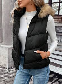 SHEIN Frenchy Fuzzy Trim Hooded Vest Coat Winter Black - Black - View 1