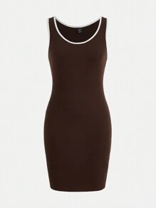 SHEIN BASICS Contrast Binding Tank Dress - Chocolate Brown - View 6