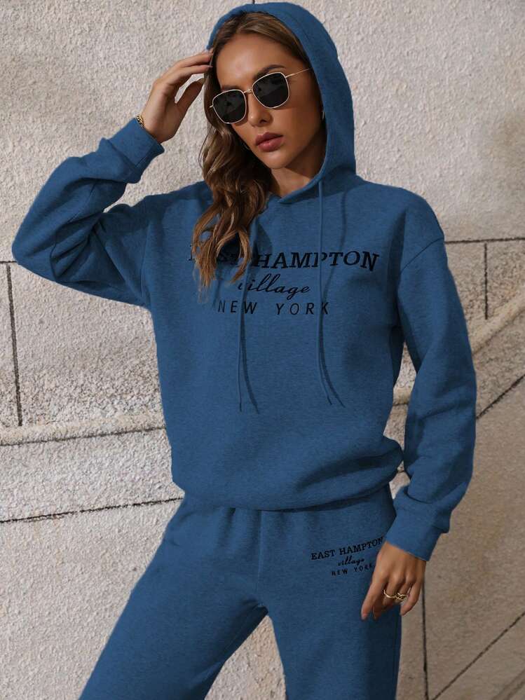 SHEIN LUNE Pantalones deportivos con capucha con estampado de slogan de hombros caídos con cordón - Neblina azul - Ver 6