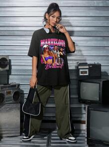 SHEIN EZwear 休閒簡約卡通肖像印花女款寬鬆T恤，適合夏季穿著 - 黑色 - 查看 8