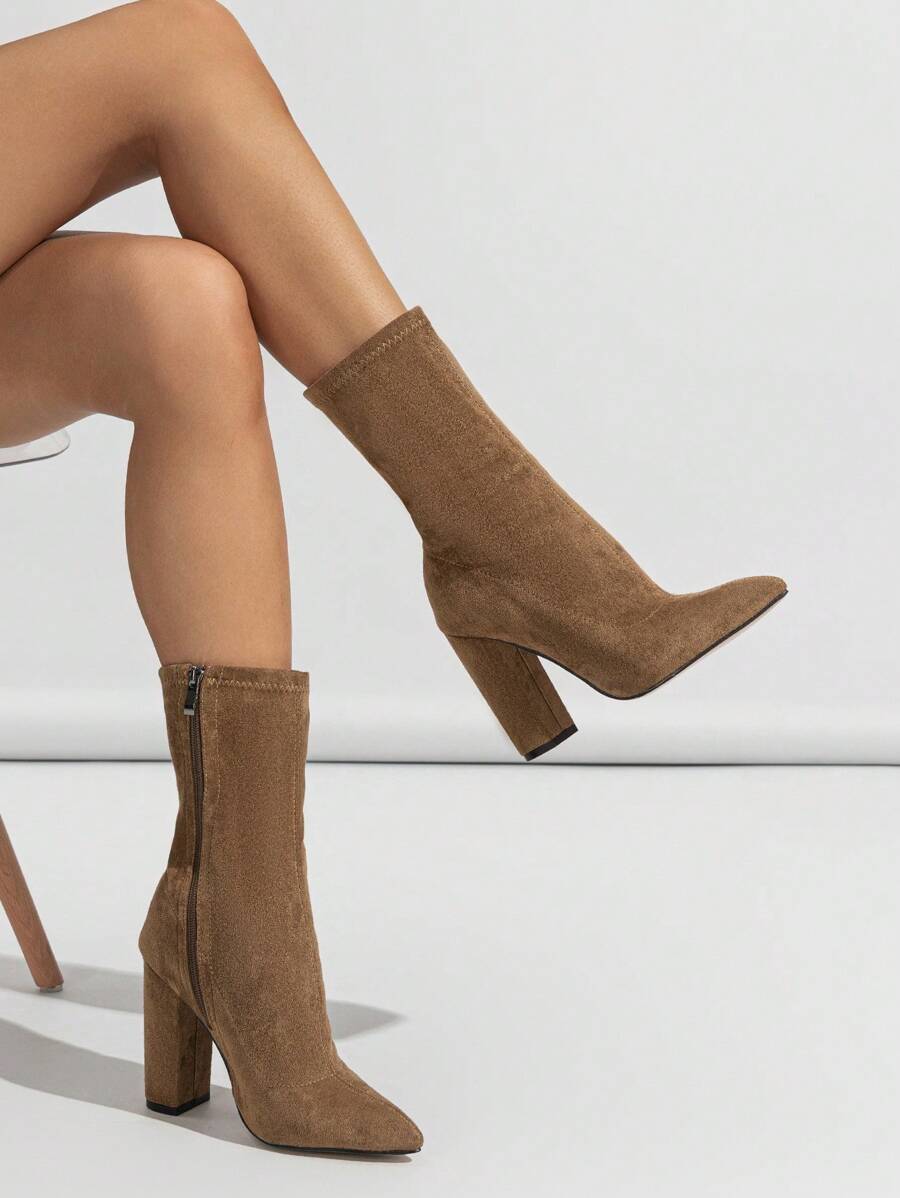 女性指頭尖橡筋中筒拉鍊踝靴,粗高跟 - 橘色 - 查看 1