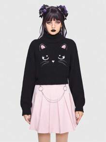 ROMWE Kawaii 卡通貓樣式高領落肩袖套頭毛衣 - 黑色 - 查看 4