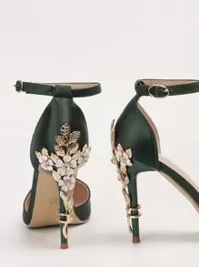 Fall/Winter 2025 European And American Style Luxurious And Sexy Women's Shoes, Fashionable Metal Flower Detailed High Heels, Pointed Toe Silk Strap Sandals, Wedding Shoes For Women,Women Pumps,Party Outfits - Dark Green - View 2