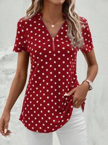 SHEIN Clasi Women's Polka Dot Print Half Zip Spring Blouse