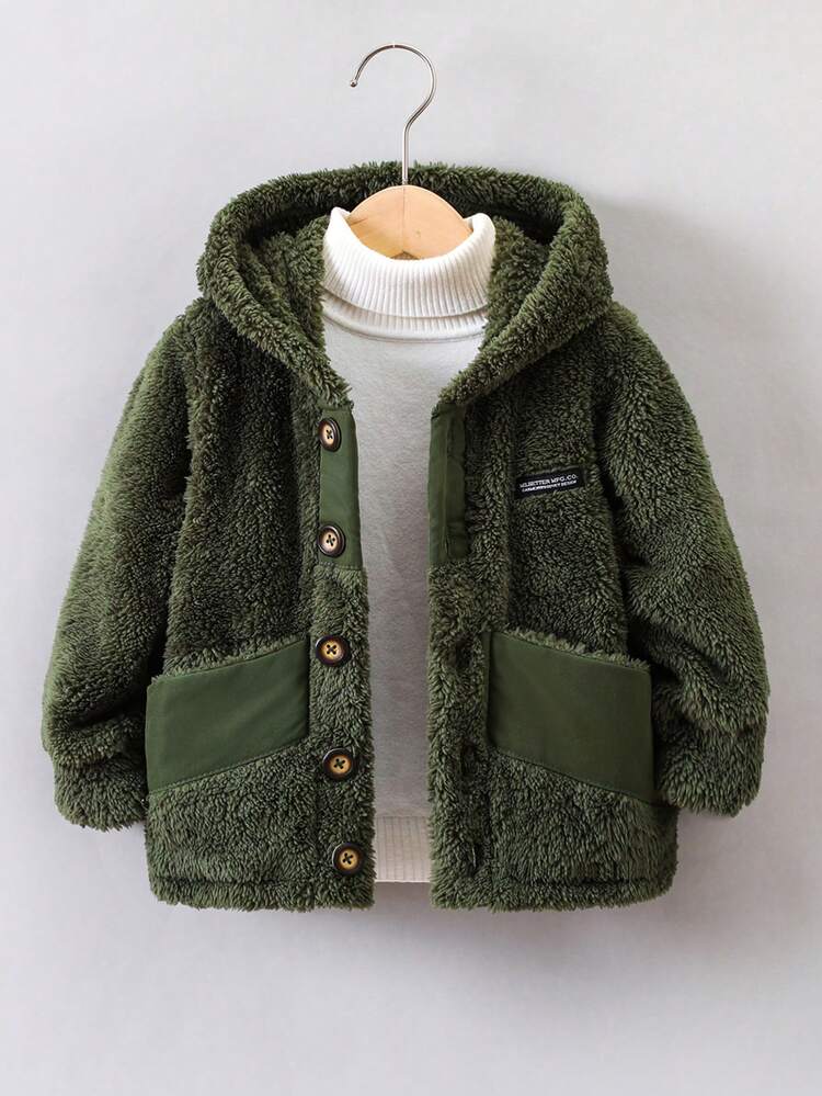 Chàng trai trẻ 1 Miếng Chi tiết Patched thư Túi Kép áo có mũ Áo khoác Teddy - xanh quân đội - Xem 1