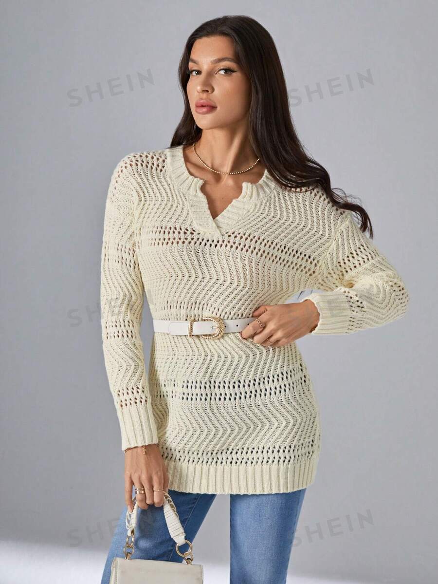SHEIN Privé Pullover mit eingekerbtem Kragen, Pointelle Strick Drop Shoulder - Beige - Übersicht 1