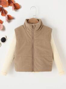 Teen Girl 1pc Zip Up Vest Padded Coat - Khaki - View 3