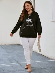 SHEIN LUNE Plus Coconut Tree Print Lace Up Front Drop Shoulder Hoodie - Black - View 3