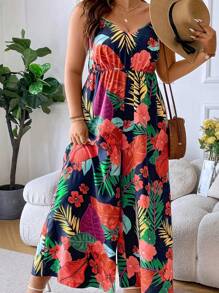SHEIN Holidaya Plus Size Boho Tropical Print Wide Leg Cami Jumpsuit, For Summer - Multicolor - View 4