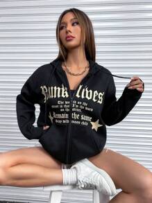 StreetHx Star & Slogan Graphic Zip Up Drop Shoulder Drawstring Hoodie,Long Sleeve Tops - Black - View 3