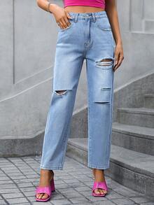 SHEIN Essnce 破洞直筒牛仔褲 - 中等水洗藍 - 查看 4