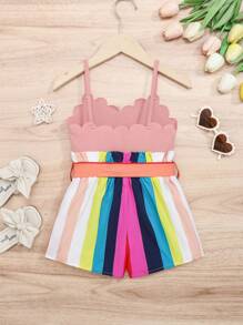 SHEIN Young Girl Colorblock Striped Print Scallop Trim Cami Romper - Dusty Pink - View 2