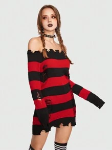 ROMWE Grunge Punk 條紋圖案一字肩破洞毛衣 - 彩色 - 查看 5