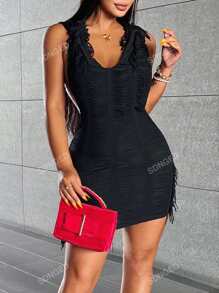 Fringe Trim Ruched Bodycon Dress