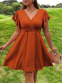 SHEIN Holidaya Hơn áo tay bướm Cổ áo Chồng chéo Đầm - trái cam - Xem 6
