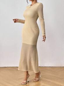 SHEIN LUNE 素色華夫格編織魚尾裙下擺洋裝 - 卡其色 - 查看 3