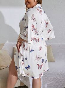 Talla grande Bata con cinturón con estampado de mariposa - Multicolor - Ver 2