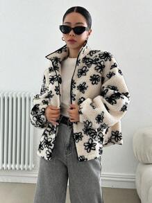 DAZY Floral Print Drop Shoulder Teddy Jacket,Fall Women Clothes