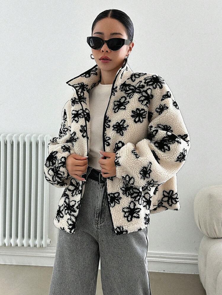 Floral Print Drop Shoulder Teddy Jacket,Fall Women Clothes