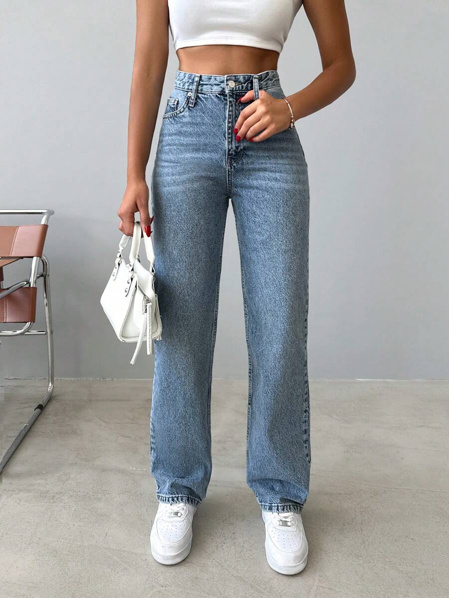 EURMUSE Casual High Waist 100%Cotton Straight Leg Jeans - Light Wash - View 1
