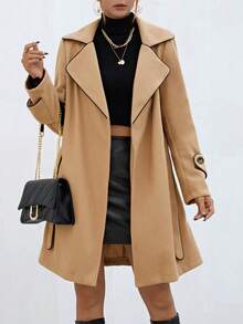 SHEIN Privé Tương phản ràng buộc Thắt lưng Áo khoác - Màu Khaki - Xem 4