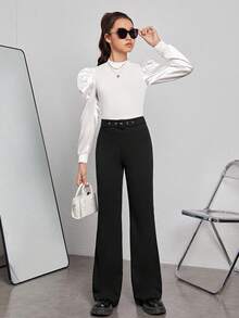 青少年女孩素色腰帶喇叭褲 - 黑色 - 查看 5