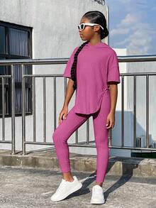 SHEIN Tween Girl Drop Shoulder Split Hem Hooded Tee & Leggings - Purple - View 4