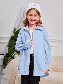 SHEIN Leap Crew 女大童字母貼布落肩袖襯衫 - 淺藍色 - 查看 5