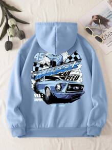 INAWLY Đồ họa ô tô và chữ cái Dây rút Lót nhiệt Hoodie - Màu xanh nhạt - Xem 1
