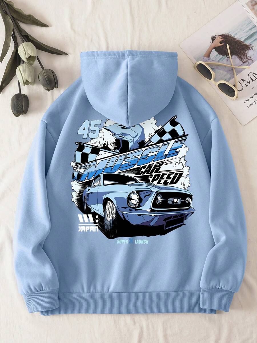 INAWLY Đồ họa ô tô và chữ cái Dây rút Lót nhiệt Hoodie - Màu xanh nhạt - Xem 1