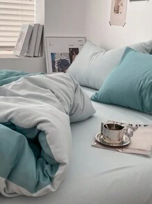 3 件蓝色宿舍/卧室床上用品套装 - 1 个羽绒被套，2 个枕套，超柔软，可机洗，无需填充 - 藍色 - 查看 4