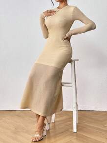 SHEIN LUNE 素色華夫格編織魚尾裙下擺洋裝 - 卡其色 - 查看 5