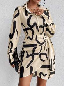 SHEIN Frenchy Allover Print Knot Side Wrap Shirt Dress - Multicolor - View 1