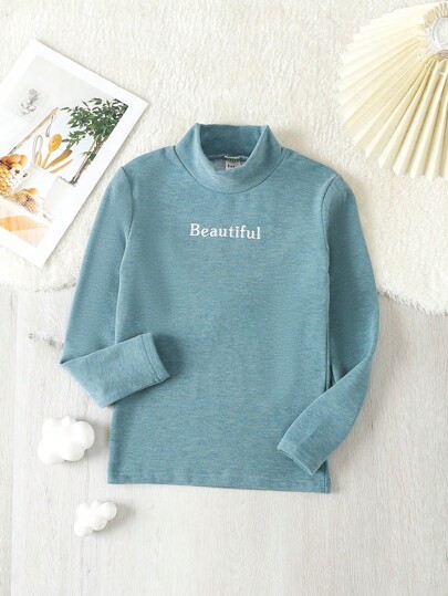 Tween Girl Letter Embroidery Mock Neck Base Tee