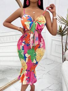 Vestido de tirantes ajustado con estampado floral y calado, estilo casual de vacaciones (estampado aleatorio) - Rosa - Ver 4