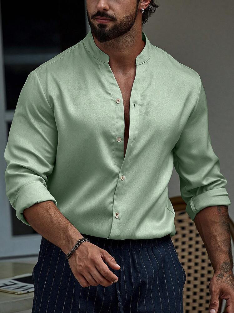 Manfinity Homme Herrskjorta med knappar framtill utan t-shirt, för hösten, långärmad topp - Mint Grön - Visa 4