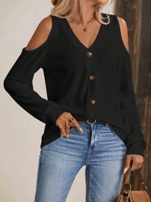 SHEIN LUNE 挖肩前紐扣T恤 - 黑色 - 查看 3