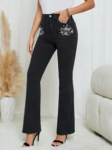 SHEIN Clasi Floral Embroidery Flare Leg Jeans