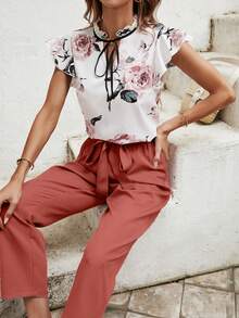 SHEIN Frenchy Floral Print Tie Neck Ruffle Trim Top & Belted Pants - Rust Brown - View 6