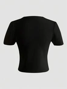 休閒羅紋針織純色女士T恤 - 黑色 - 查看 2