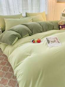 3pcs Green Washed Double-sided Duvet Cover And Pillowcase Set - Green - View 4