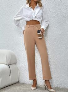 SHEIN Essnce Roll Up Hem Straight Leg Pants - Apricot - View 4