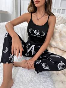 Moon Print Cami Top & Pants PJ Set / Pajama Set - Black - View 4