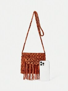 SHEIN VCAY 拼接顏色編織翻蓋單肩包帶流蘇裝飾用品,時尚和完美適用於假期 - 彩色 - 查看 4